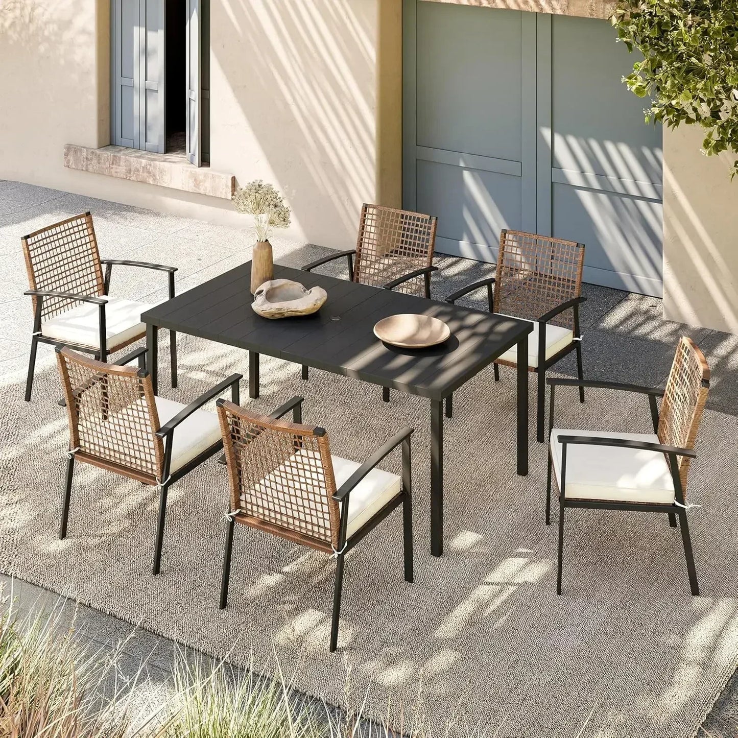 7 Pieces Patio Dining Set, Outdoor Furniture Set of 6 Chairs with Soft Cushion and Iron Slats Table Top with Umbrella Hole