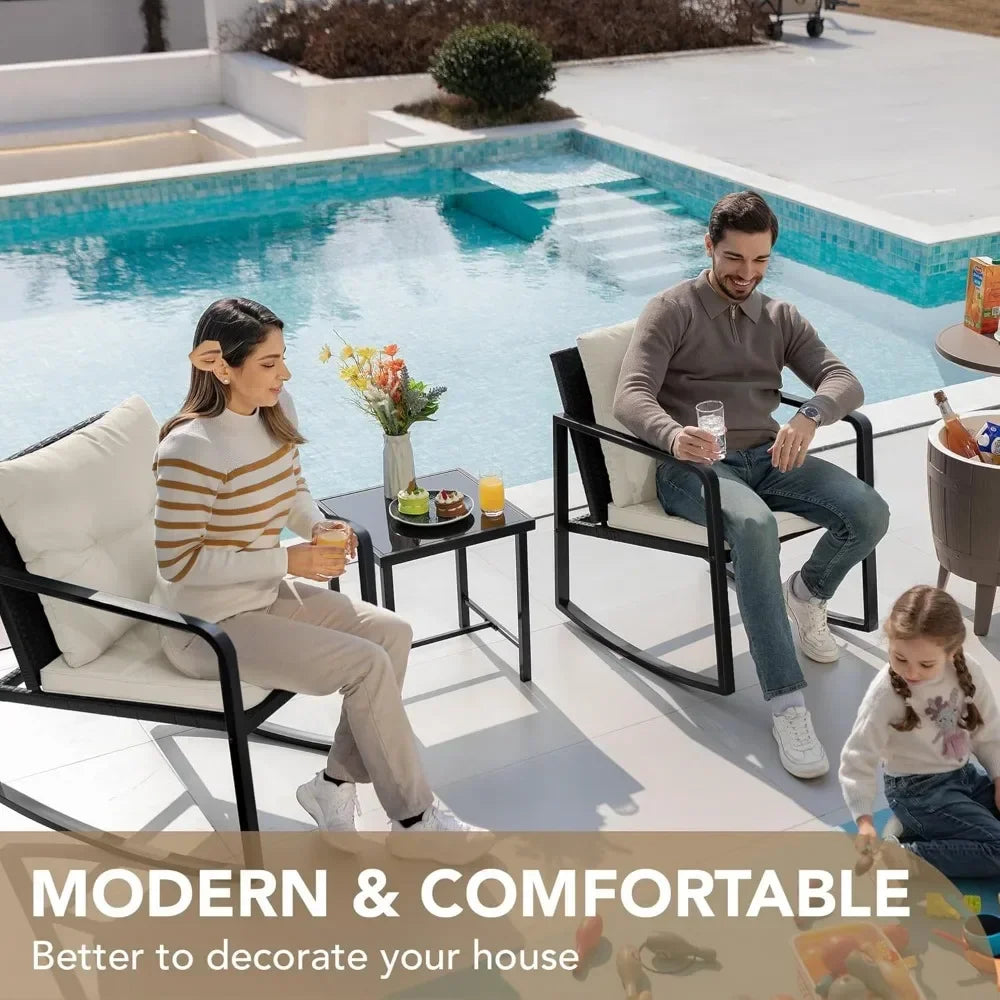 Piece Rocking Bistro Set Wicker Patio Outdoor Furniture Porch Chairs Conversation Sets with Glass Coffee Table