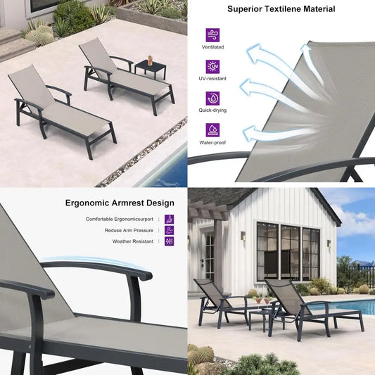 Outdoor Poolside Lounge Chairs Set of 2 with Adjustable Positions, Armrests, and Side Tables - Aluminum Patio Furniture