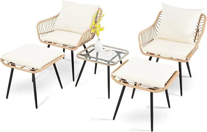 5 Piece Patio Furniture Set, Outdoor Wicker Small Conversation Bistro Set, All-Weather PE Rattan Chairs with Ottoman & Coffee Ta