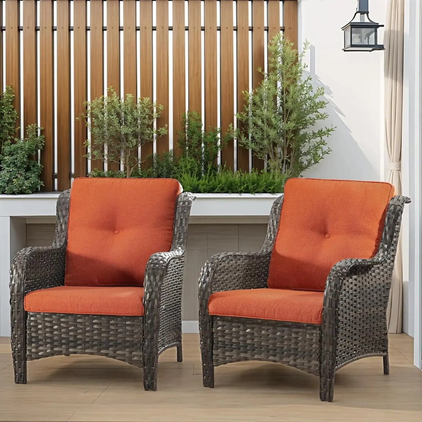 Patio Wicker Patio Chairs Set of 2, Outdoor Dining Chairs with 3.5-inch Seat Cushions, High Back and Curved Armrest for Garden