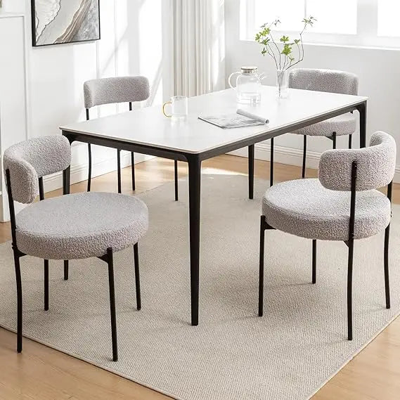 Boucle Dining Chairs Set of 4, Mid Century Modern Dining Room Chairs with Metal Legs, Upholstered Kitchen Chairs for Dining Room