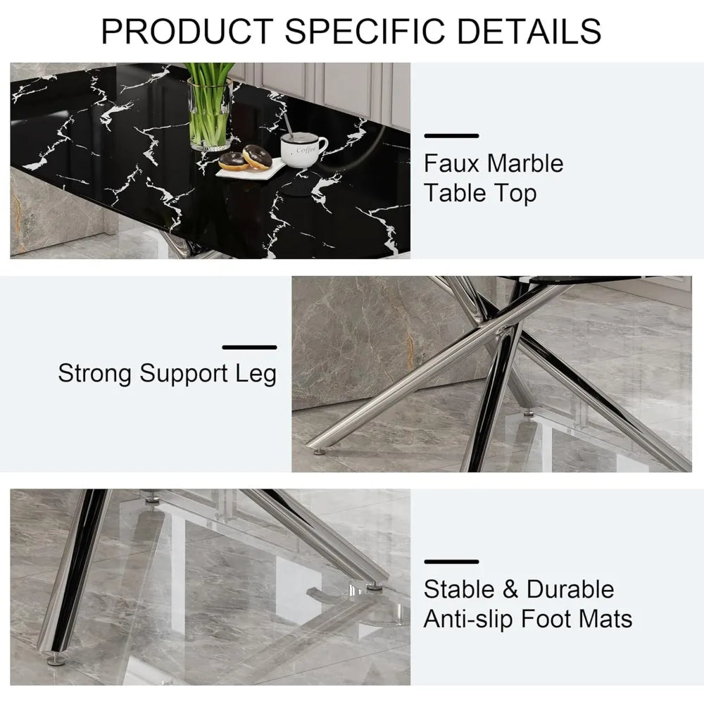 Modern Dining Table Set for 6, 63" Dinner Table Set for 6,Marble-Patterned Tempered Glass Kitchen Tabletop Silver Legs and 6 Bla