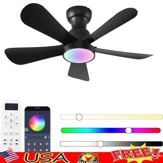 36inch Ceiling Fan with Lights Remote Control Reversible DC Motor RGB Dimmable Flush Mount Fan Indoor Outdoor Spaces