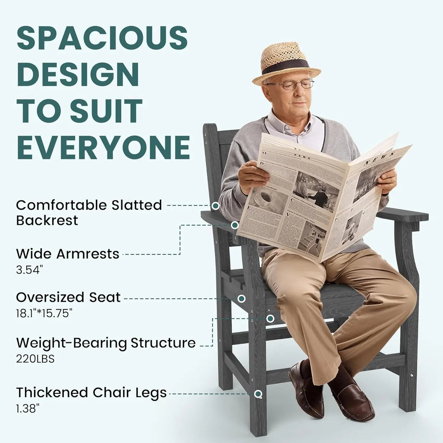 5 PCS Outdoor Dining Set, Spacious HDPE Outdoor Table and Chairs, Wood Grain Patio Furniture Sets with Elegant Armrest