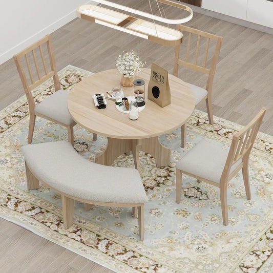 5-Piece Round Dining Table Set, Mid Century Modern Round Dining Table for 4-6 Person, Round Dinner Table with 4 Upholstered Chai