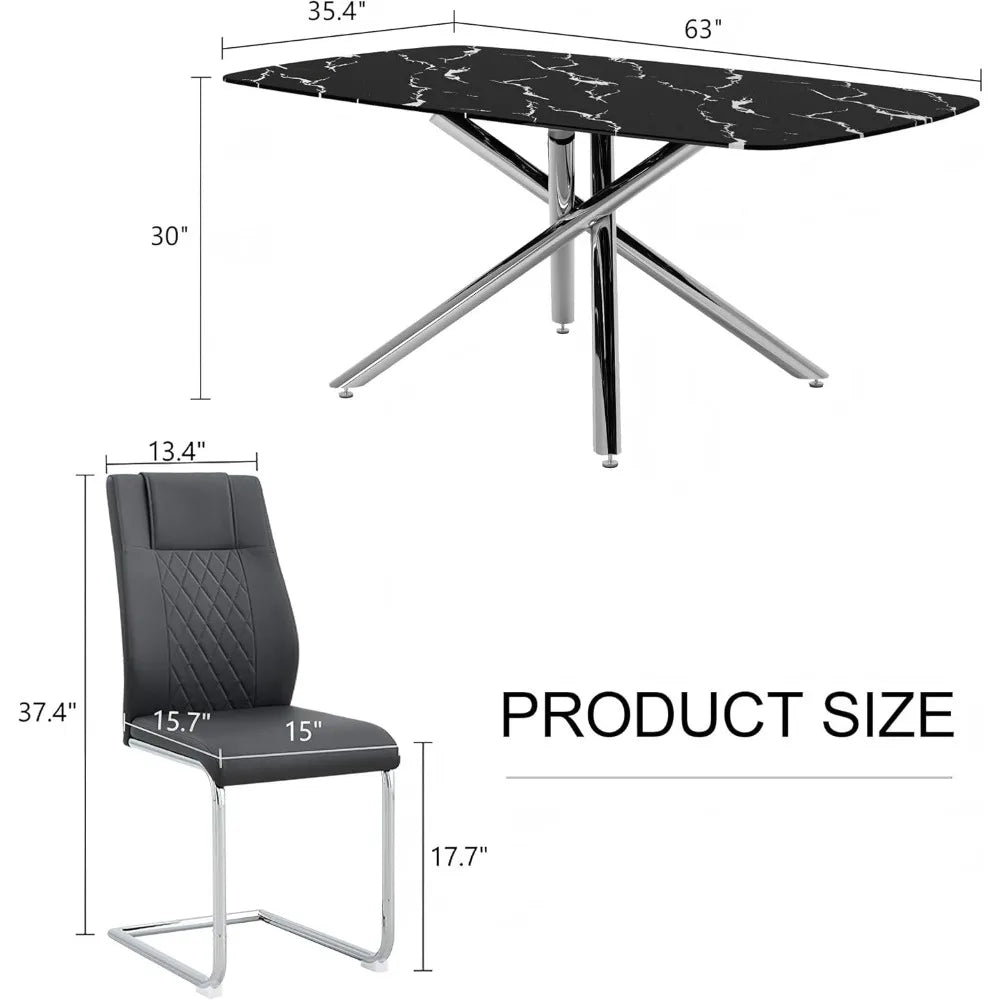 Modern Dining Table Set for 6, 63" Dinner Table Set for 6,Marble-Patterned Tempered Glass Kitchen Tabletop Silver Legs and 6 Bla