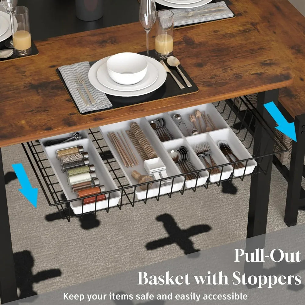 Dining Table Set for 4-6 People,Industrial Dining Table with 2 Benches and 2 Chairs,Kitchen Table Set with Storage Rack for Dini