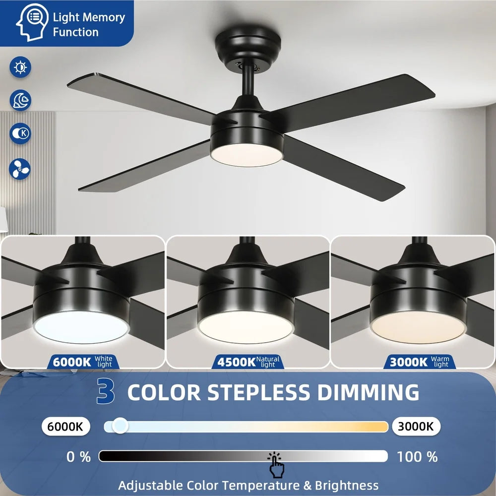 48 Inch Modern Black LED Ceiling Fan with Remote Control Alexa Compatible Reversible Quiet Motor Indoor Outdoor Use