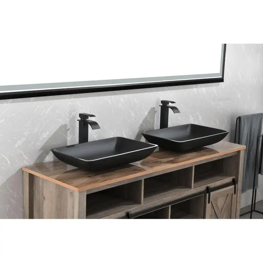14.38 L -22.25 W -4-3/8 in. H Matte Shell  Glass Rectangular Vessel Bathroom Sink in Black with  Faucet and Pop-Up Drain in Matt