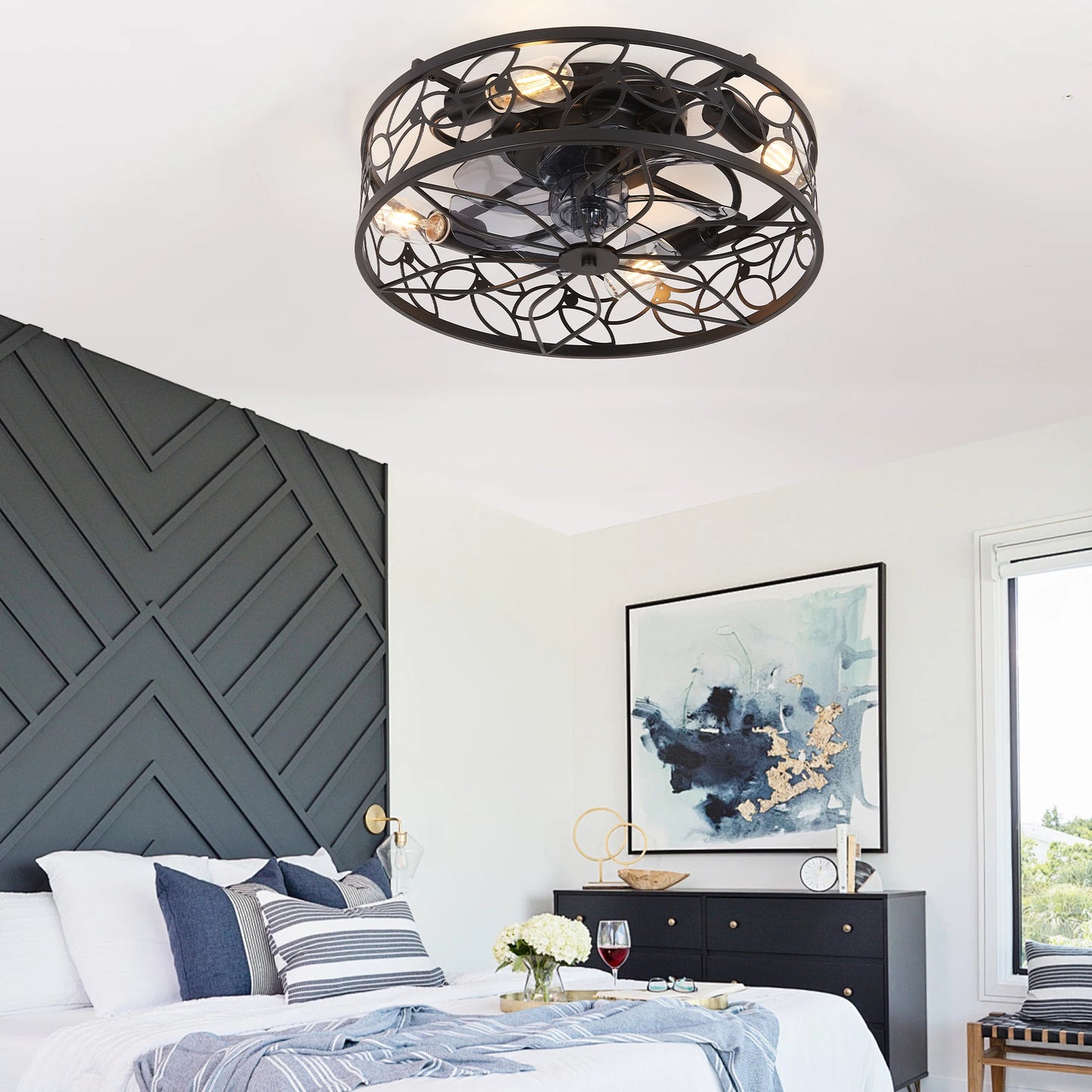 18 Inch Black Vintage Caged Ceiling Fan Light  Quiet Operation,Remote Control,Industrial Style for Living Room,Bedroom(No Bulb)