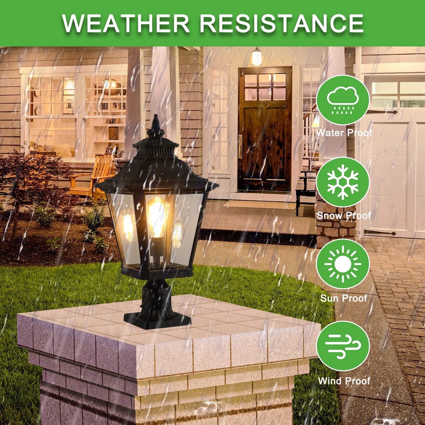 Outdoor Post Light, Black Finish Classic Lantern with Clear Glass Panels, Waterproof Exterior Lighting Fixture