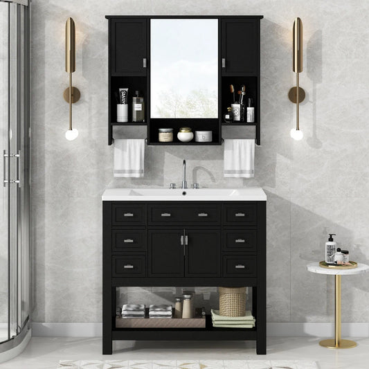 36'' Bathroom Vanity with Top Sink, Modern Mirror Cabinet with Towels Bar, Bathroom Storage Cabinet with 2 Soft Closing Doors