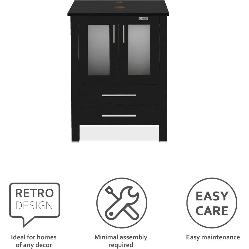 48" Modern Bathroom Vanity Sink Combo Black W/Small Side Cabinets Clear Boat Glass Vessel Sink & Water Save Faucet & Pop Up Dra