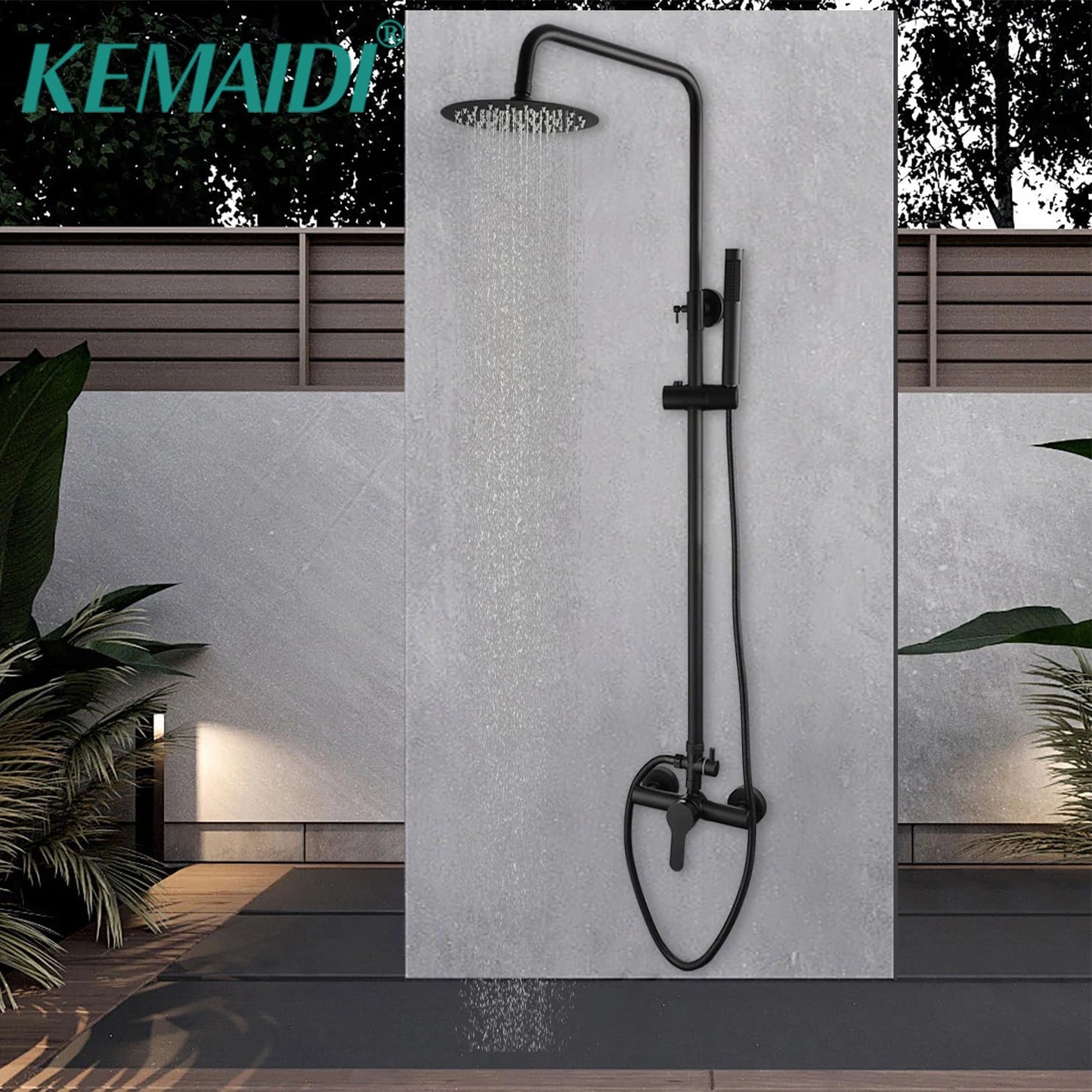 KEMAIDI Matte Black Exposed Shower System 8 Inch Rainfall Shower Head Wall Mounted Outdoor Shower Fixtures Bathroom Shower Set