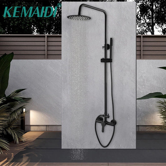 KEMAIDI Matte Black Exposed Shower System 8 Inch Rainfall Shower Head Wall Mounted Outdoor Shower Fixtures Bathroom Shower Set