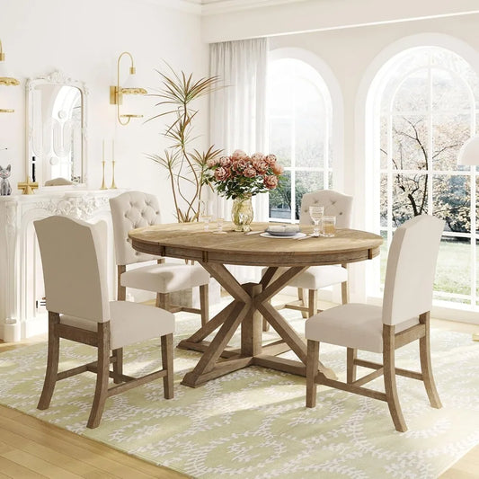Restaurant Furniture, Extendable Round Kitchen Table Set with 4 Upholstered Chairs, Dining Sets for Kitchen Solid Wood Table