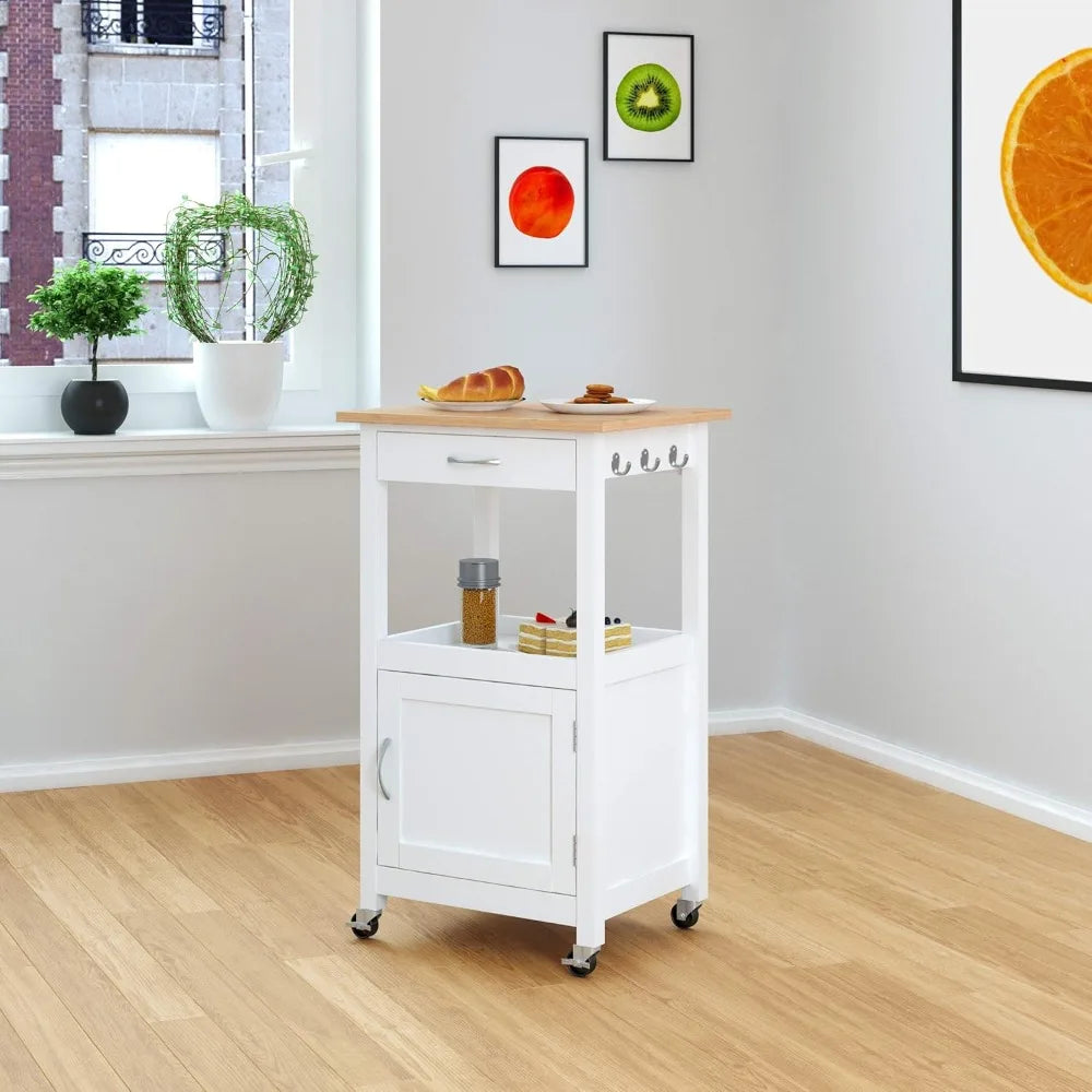 Kitchen Island Cart on Wheels with Drawer, Storage Cabinet, Shelf and Natural Solid Hardwood Top,