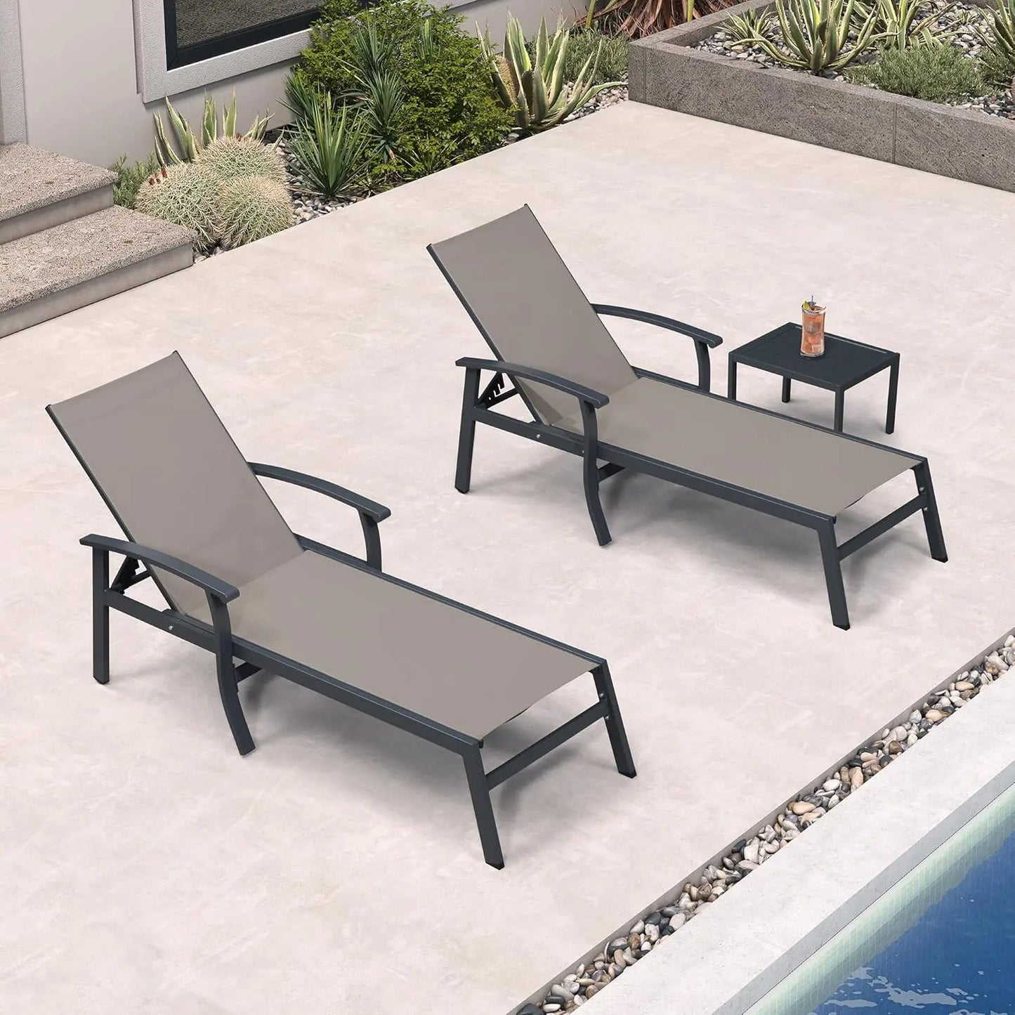 Outdoor Poolside Lounge Chairs Set of 2 with Adjustable Positions, Armrests, and Side Tables - Aluminum Patio Furniture