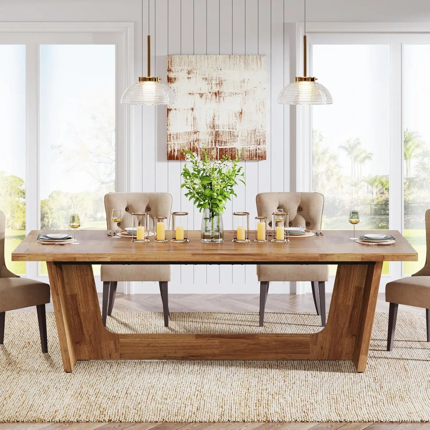 70.87-Inch Dining Room Table: Wood Large Dining Table for 6-8 People, Rectangular Farmhouse Kitchen Table with Solid  Pedestal