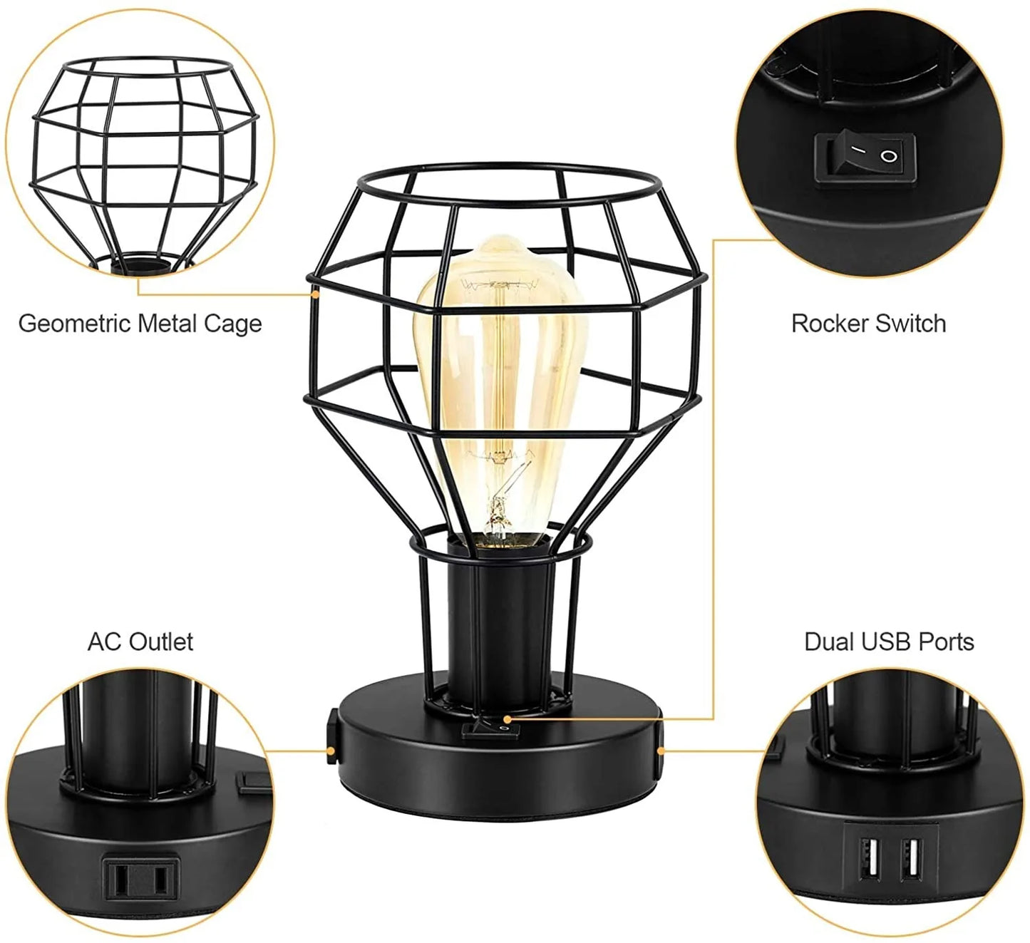 Industrial Table Lamp Small Desk Lamp with USB Charging Port Vintage Lamp with Outlet for Bedroom Living Room Nightstand 2 Sets