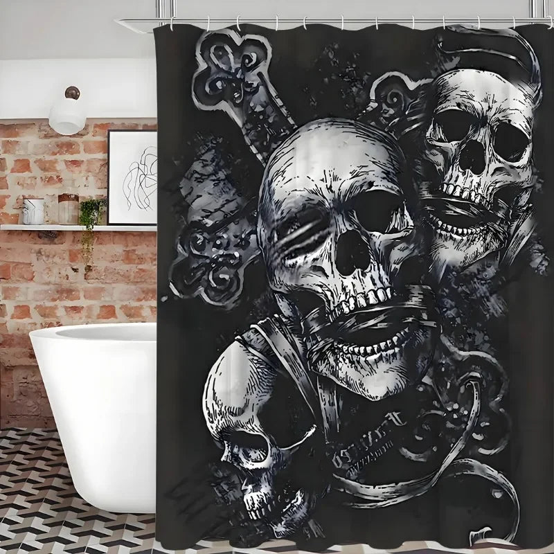 1pcs Gothic Three Skull Shower Curtain Set，12 Hooks,Options for Stylish Bathrooms