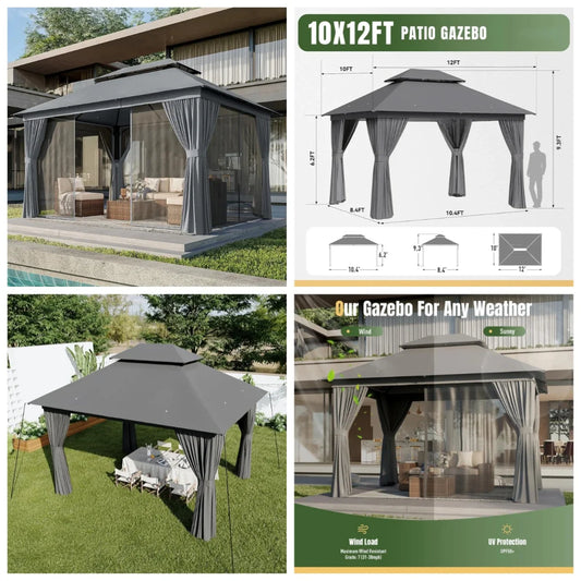 Premium Outdoor Gazebo for Patio 10x12, Metal Frame Canopy with Double Roofs, Heavy Duty Party Tent and Shelter with Mosquito Ne