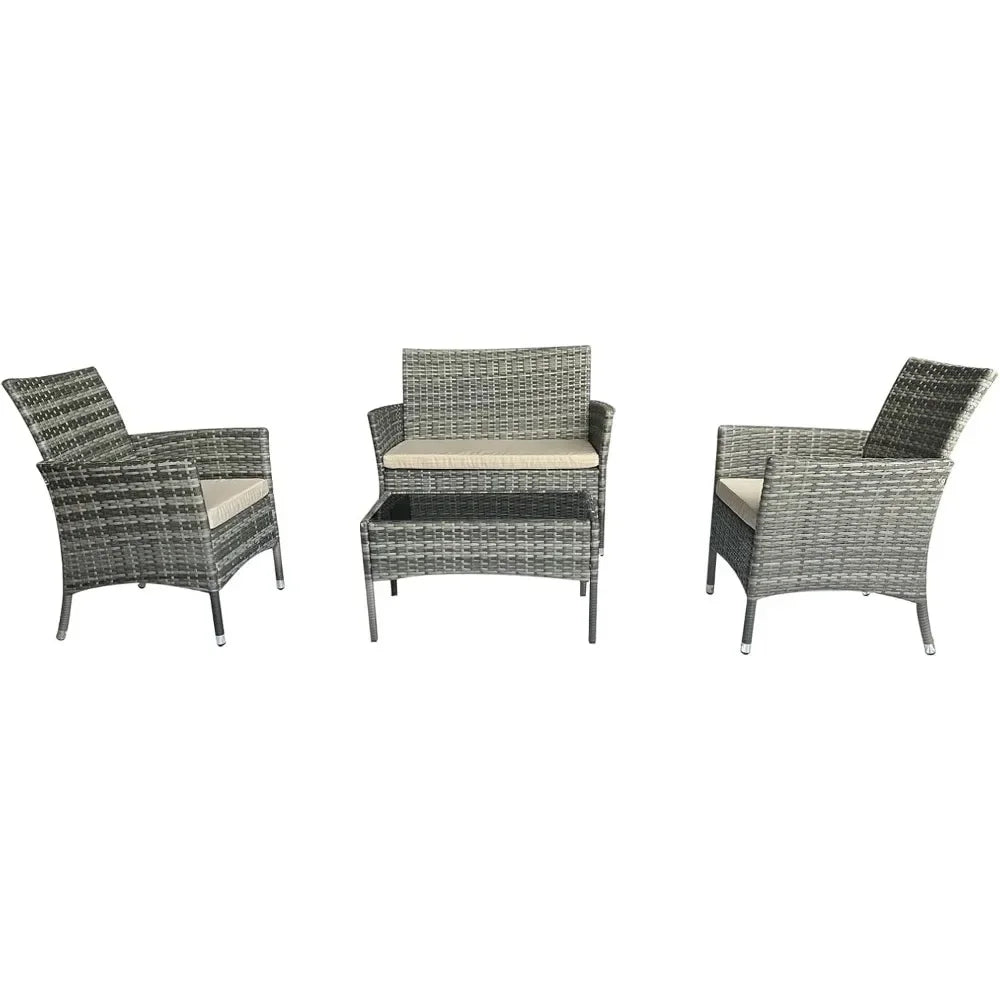 4 Piece Patio Furniture Set, Wicker Sectional Sofa with Armchair, Loveseat & Side Table – Outdoor Use