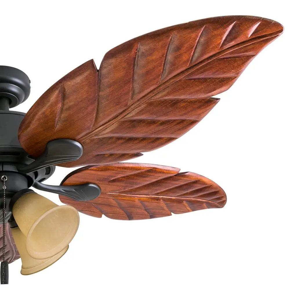 Tropical Ceiling Fan with Light Energy Efficient Hand-Carved Wooden Blades Quiet Reversible Motor Medium Large Rooms