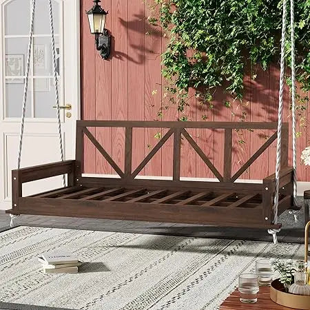 Patio Twin Size Garden Swing Bed, Acacia Wood Porch Swing Hanging Bed Frame with 16.4ft Hemp Ropes for Garden, Backyard, Brown