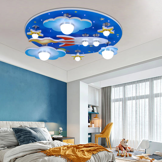 23.62" Modern Cartoon LED Ceiling Light Dimmable Blue Wood Cosmic Stars Flush Mount Chandelier Children's Room Ligting Fixture