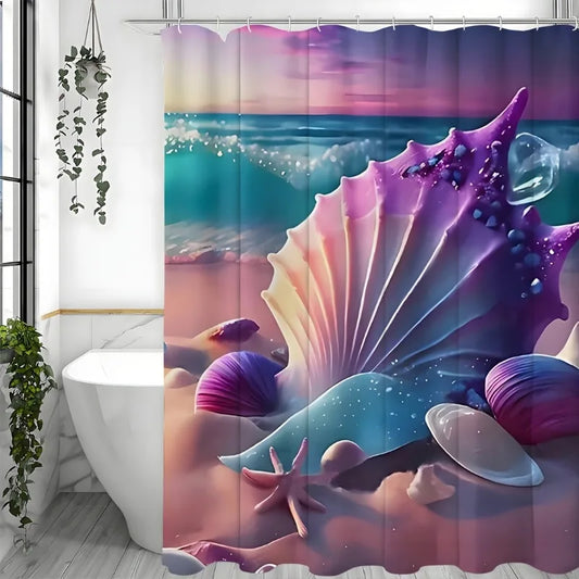 1PC Nautical Ocean Bathroom Set: Water-Resistant Curtain with Hooks, Effortless Style & Maintenance