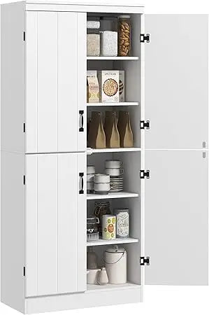 70" Kitchen Pantry Cabinet, Freestanding Storage Cabinet with 4 Doors and 2 Adjustable Shelves for Dining Room, White