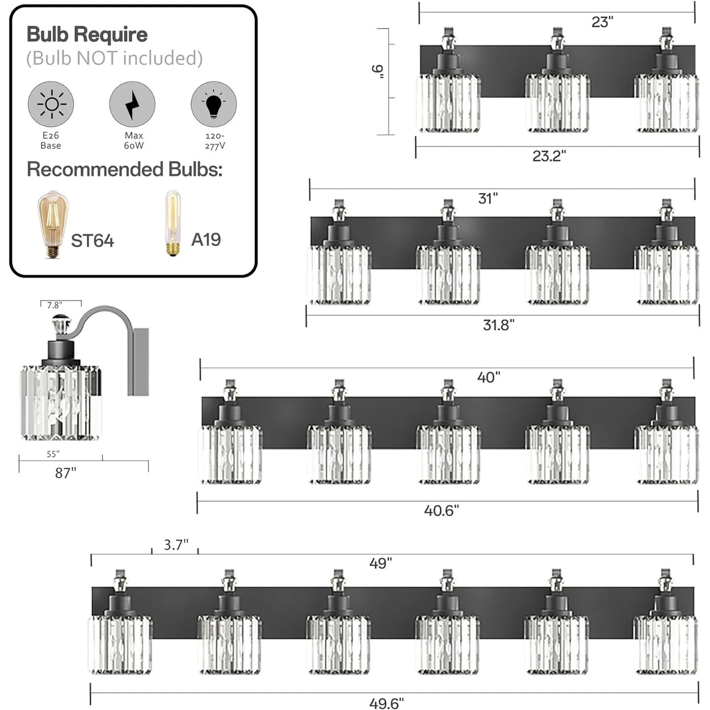 3/4/5/6 Lights Modern Crystal Bathroom Vanity Lights, Black Bathroom Light Fixtures, Crystal Vanity Shower Lights Over Mirror