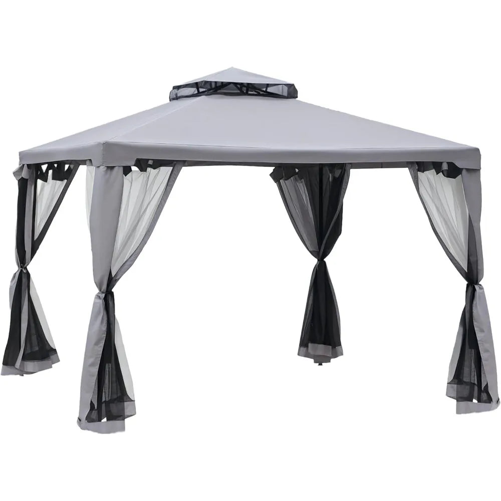 10' x 10' Patio Gazebo, Outdoor Canopy Shelter with 2-Tier Roof and Netting, Steel Frame, Rainproof and UV resistant Pergola