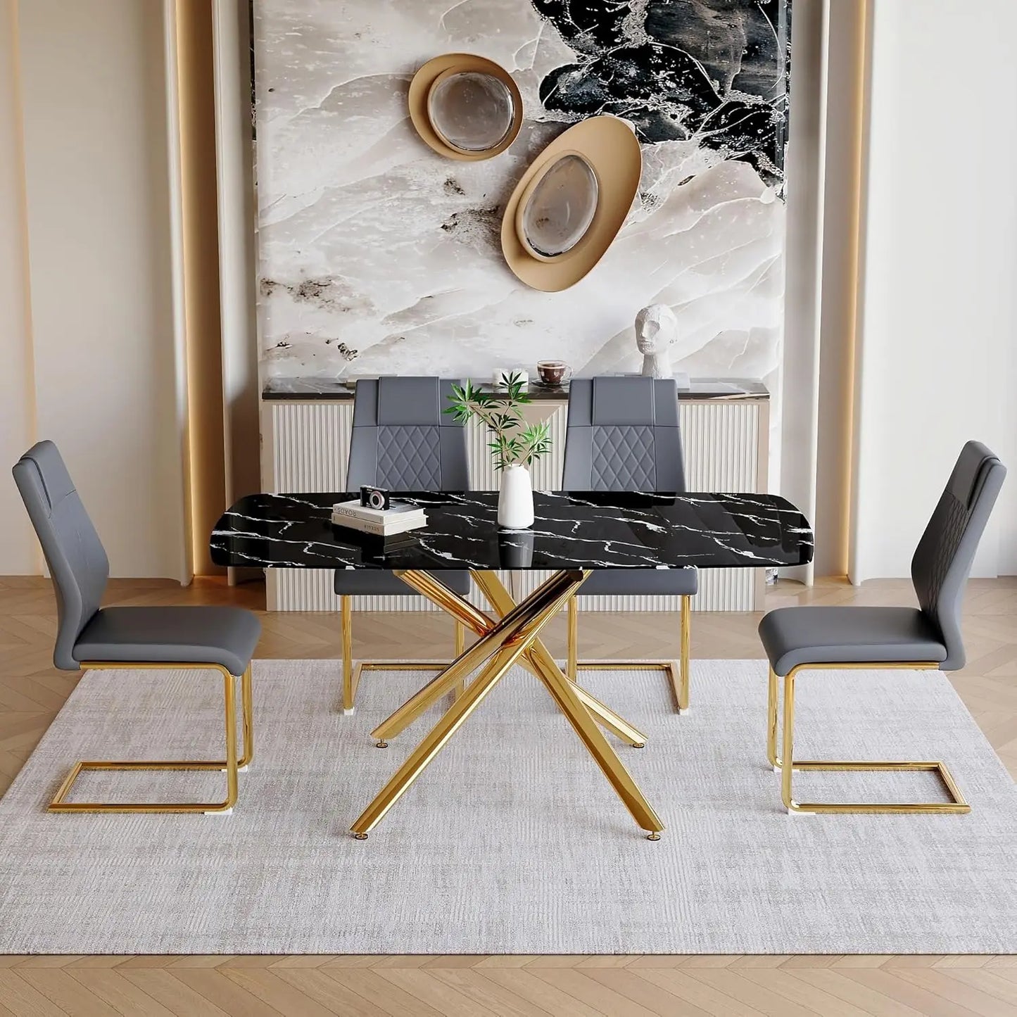 Modern Dining Table Set for 6, 63" Dinner Table Set for 6,Marble-Patterned Tempered Glass Kitchen Tabletop Silver Legs and 6 Bla