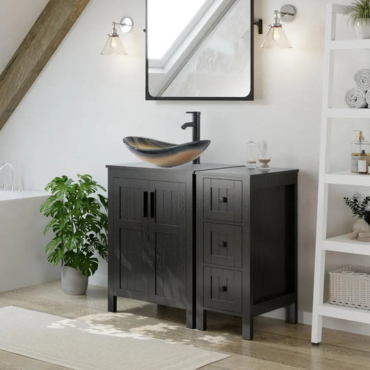 36" Black Bathroom Vanity With Sink Combo, Modern Cabinet With 3 Drawers, Grooved Doors & Metal Handles, Champagne Boat Tempere
