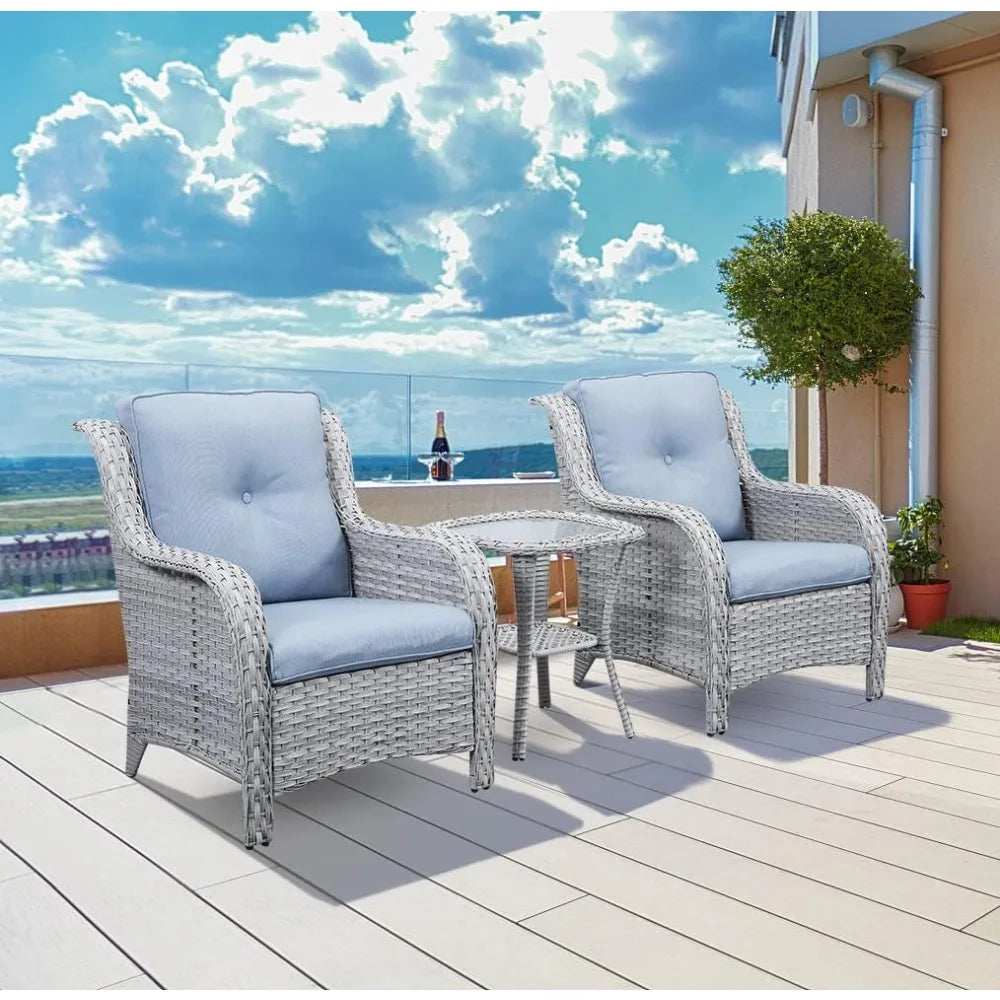 Patio Bistro Set Wicker Chairs - 3 Piece Outdoor Rattan Conversation Set with 2 Armrest Chair and 1 Side Table for Proch Deck