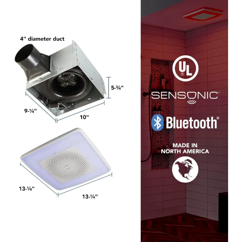 Broan-NuTone ChromaComfort Bathroom Exhaust Fan, 110CFM/1.5 Sones, with Sensonic Bluetooth Speaker and 24-color LED Light