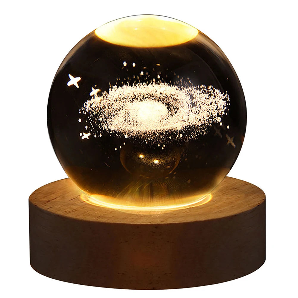 LED Crystal Ball Night Light Crystal Ball Lamp with Wooden Base Solar System Crystal Ball USB Charging for Home Decor