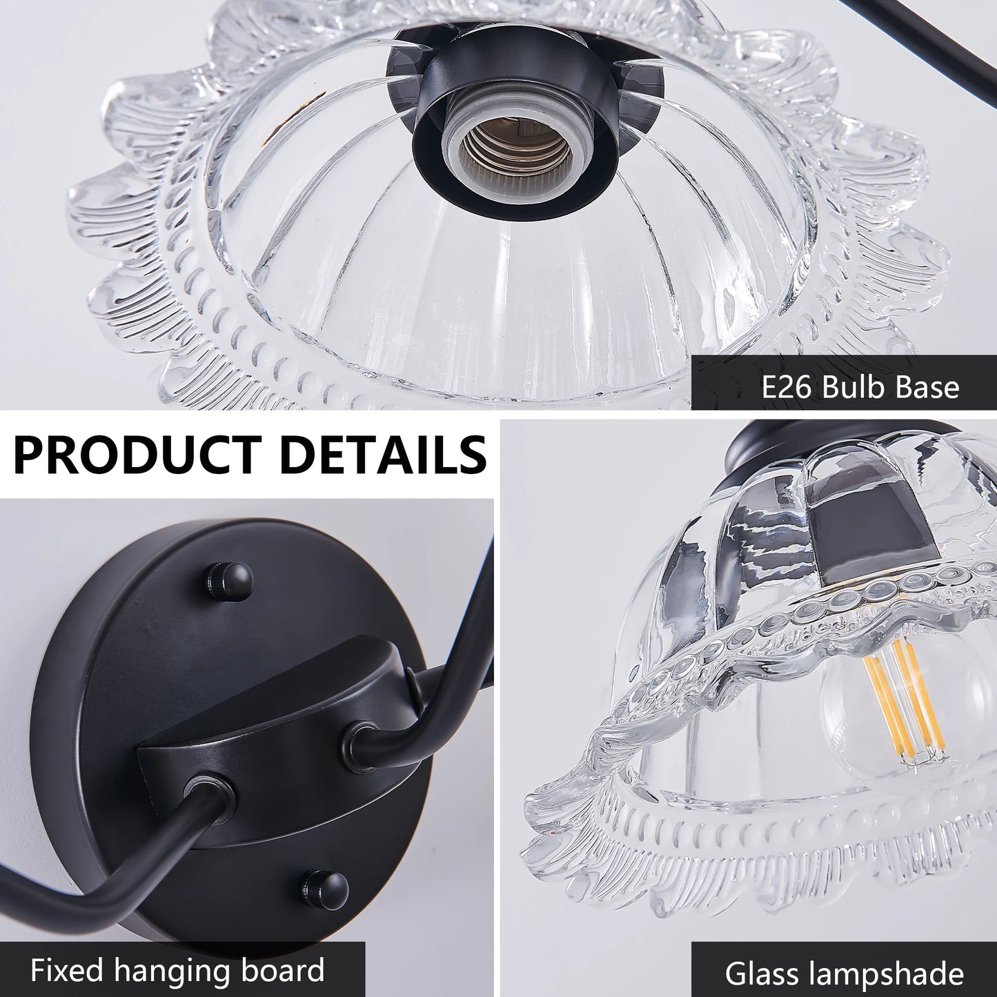 20 英寸 2-Light Vintage Bathroom Wall Sconce – Elegant Black Metal and Glass Lampshade Vanity Light Fixture