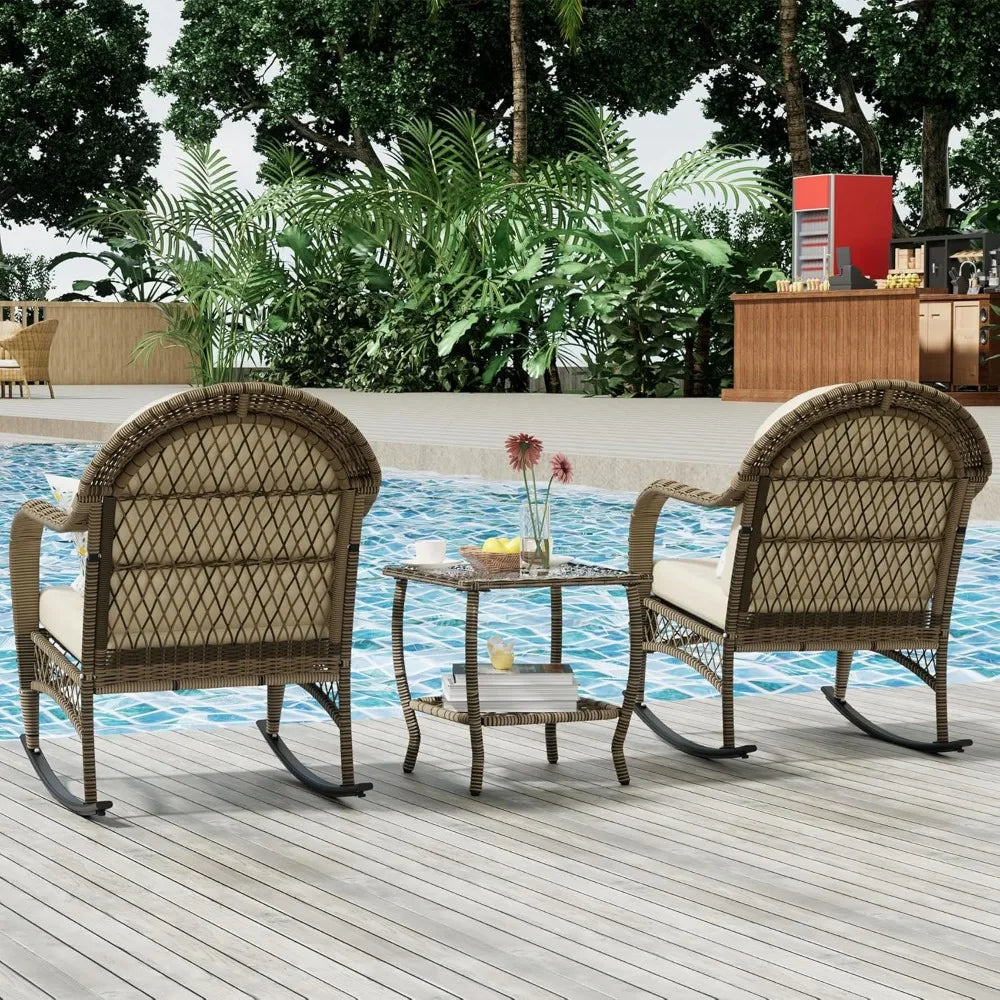3 Pieces Patio Conversation Set, Lounge Rocking Chair with Cushion and Coffee Table, Wicker Bistro Set, Outdoor Furniture for Po