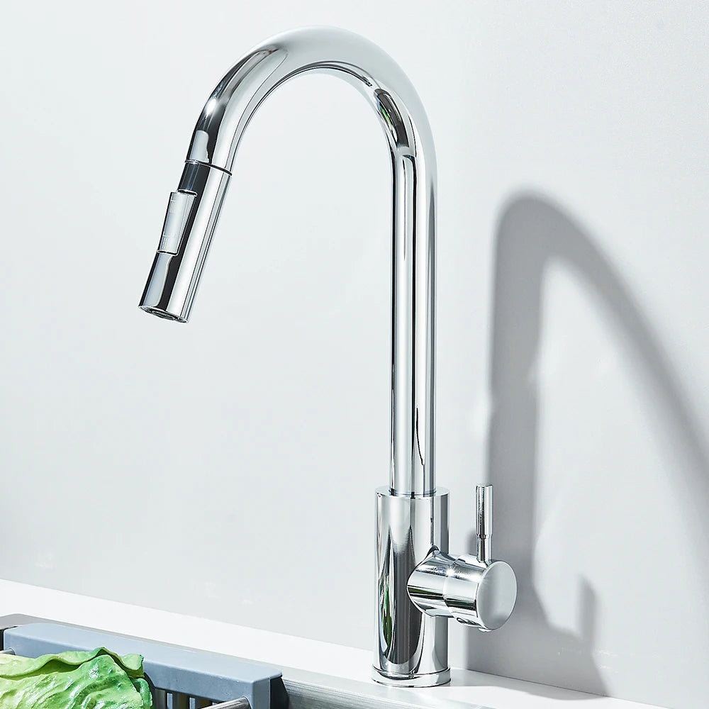 Pull Down Kitchen Sink Faucet Pull Out Two Function Single Handle Hot and Cold Water Mixer Taps Deck Mounted