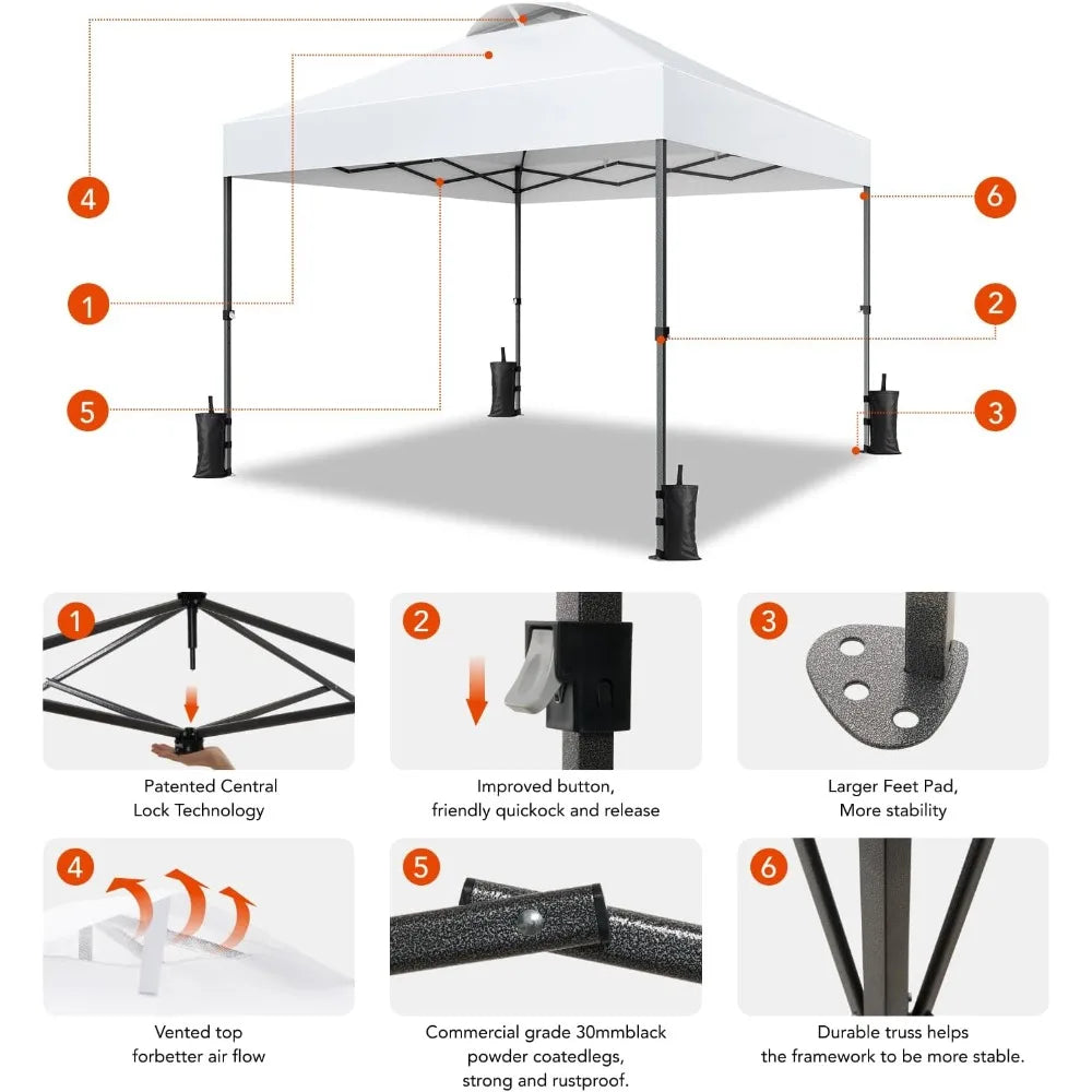 10x10ft 1-Person Setup Pop Up Canopy Tent - Easy Outdoor Sun Shade for Events, Parties, Camping, Gazebo with Wheel Cover Bag