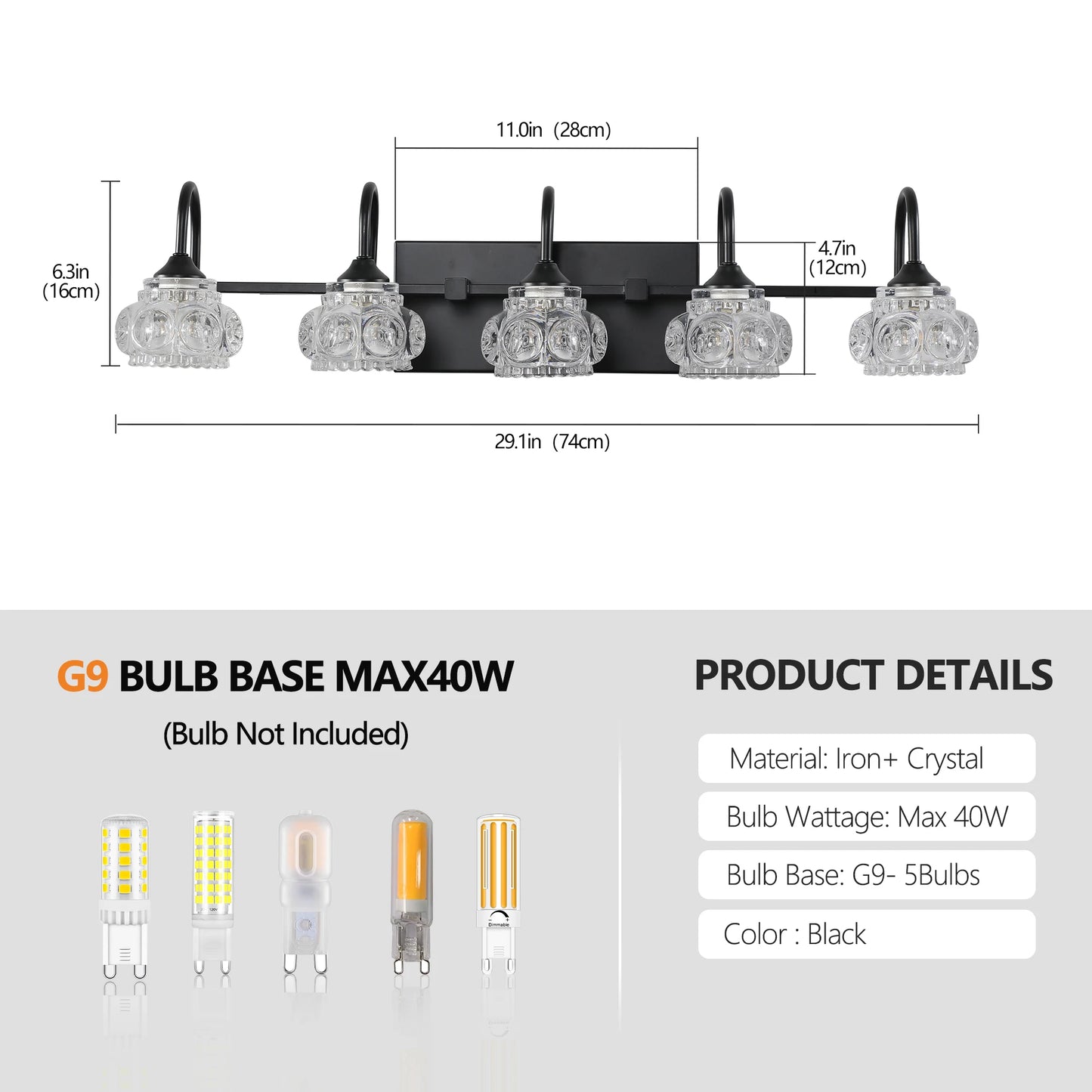 29" Retro 5-Light Bathroom Vanity Light Fixture - Black Finish with Crystal Glass Shades, Wall Mounted Lighting
