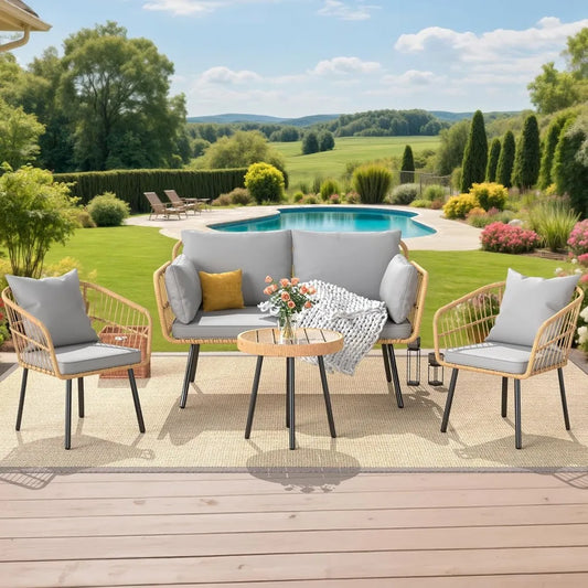 4 Pieces Patio Furniture Set, Outdoor Wicker Patio Conversation Set, All-Weather Rattan Bistro Set