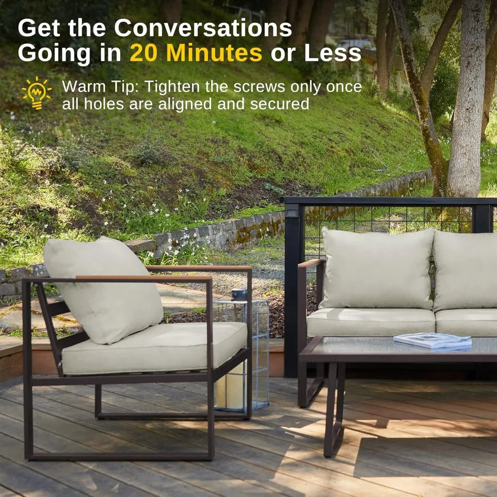 patio furniture set, 4-piece outdoor patio set with sofa, removable & washable deep seating cushion, tempered glass table, outs