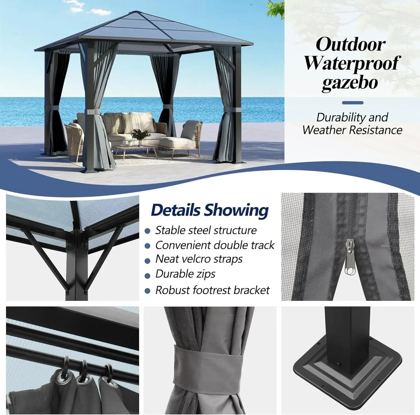 10’x10’ Patio Hardtop Gazebo with Polycarbonate Roof, Waterproof Outdoor Canopy Gazebo, Steel Frame Permanent Pavilion