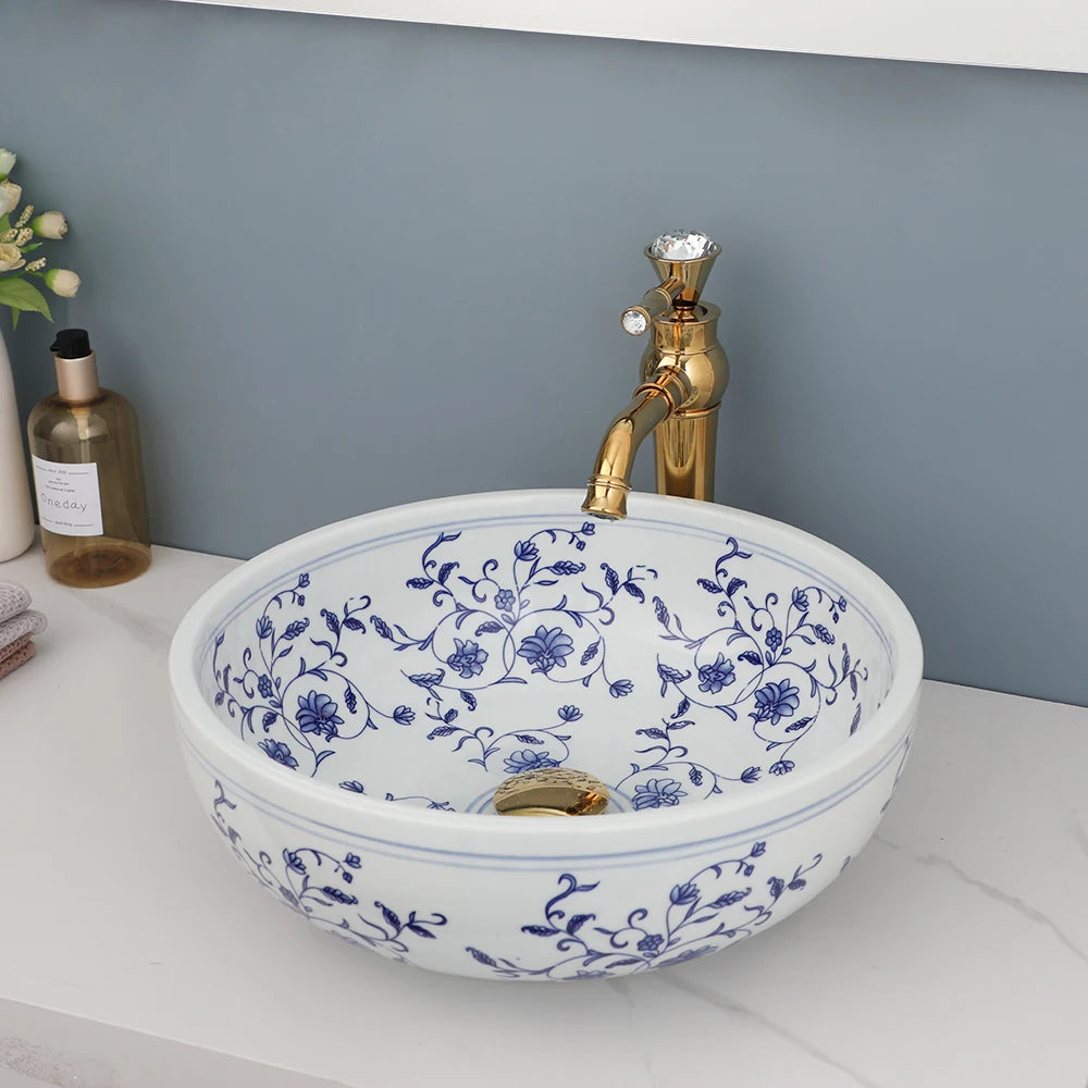 ZAPPO Bathroom Basin Sink Faucet Combo Ceramic Round Wash Basin Bathroom Washbasin Hand Painted Vessel Sink bathroom sinks