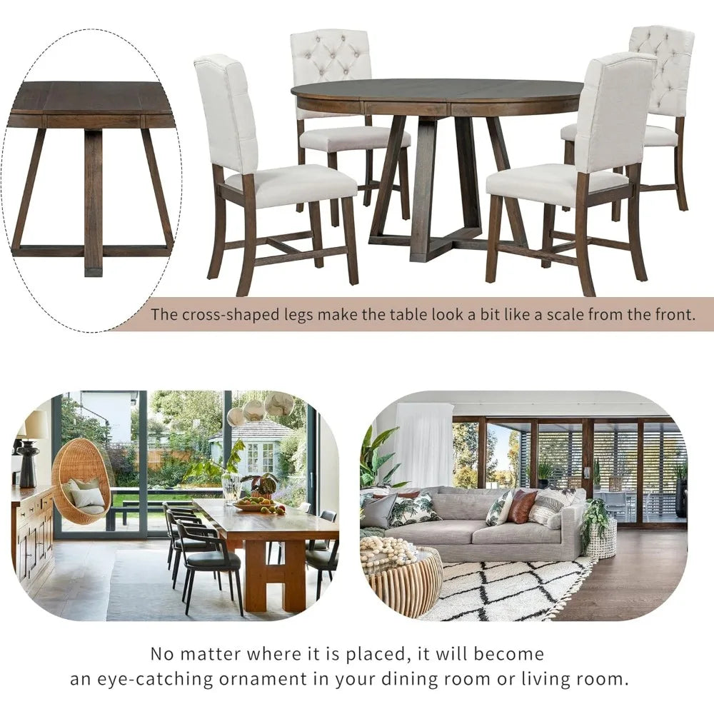5-Piece Round Dining Table Set, Mid Century Modern Round Dining Table for 4-6 Person, Round Dinner Table with 4 Upholstered